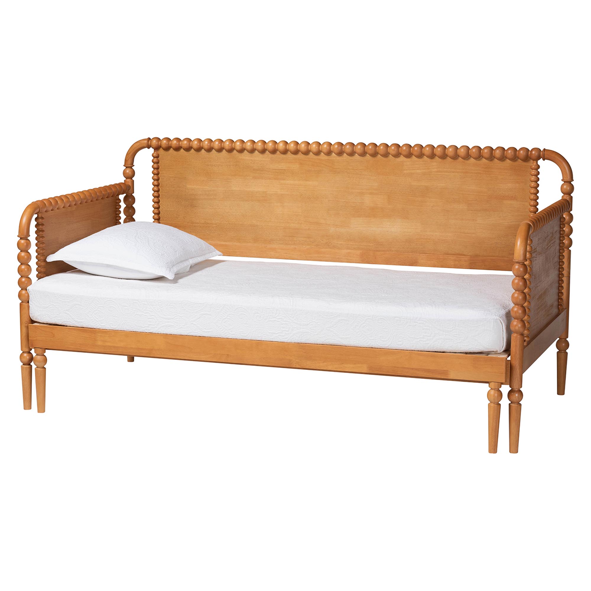 Baxton Studio Lucera Bobbin Twin-To-King Expandable Daybed - Wood Bed Frame with Turned Spindle Detailing, Classic Style Sofa Bed for Bedroom or Guest Room, Oak Brown Affordable modern furniture in Chicago, classic bedroom furniture, modern twin size, cheap twin size